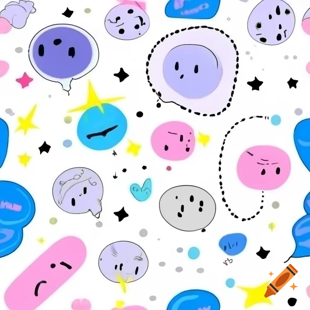 Pastel-colored speech bubbles, stars, hearts, and smiley faces on white background