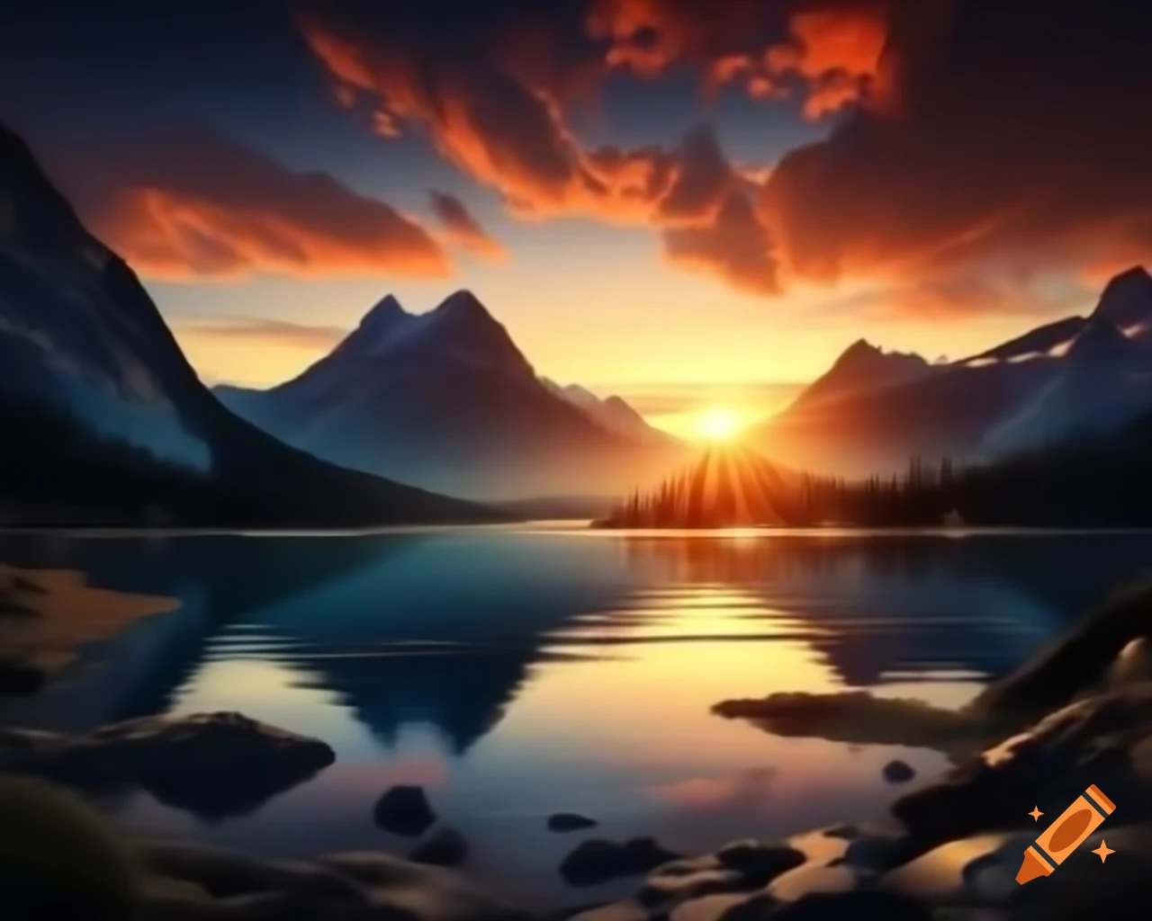 Photorealistic 3D render of mountain lake at sunset with sun rays and island