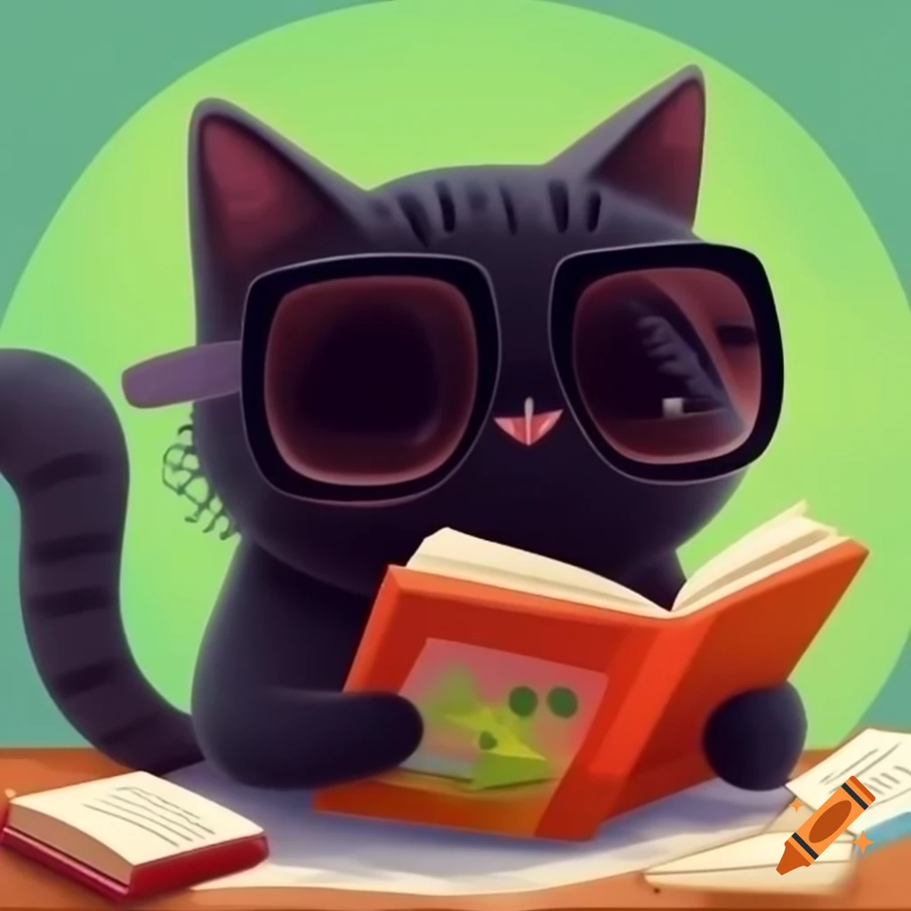 Cartoon of a little black cat with sunglasses reading a book