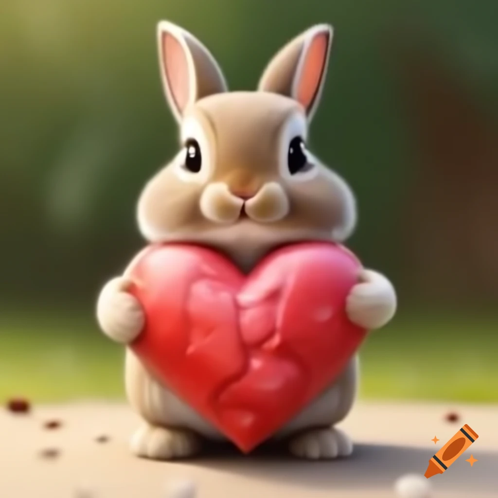 Cartoon-style bunny holding large heart, one ear straight up and one bent
