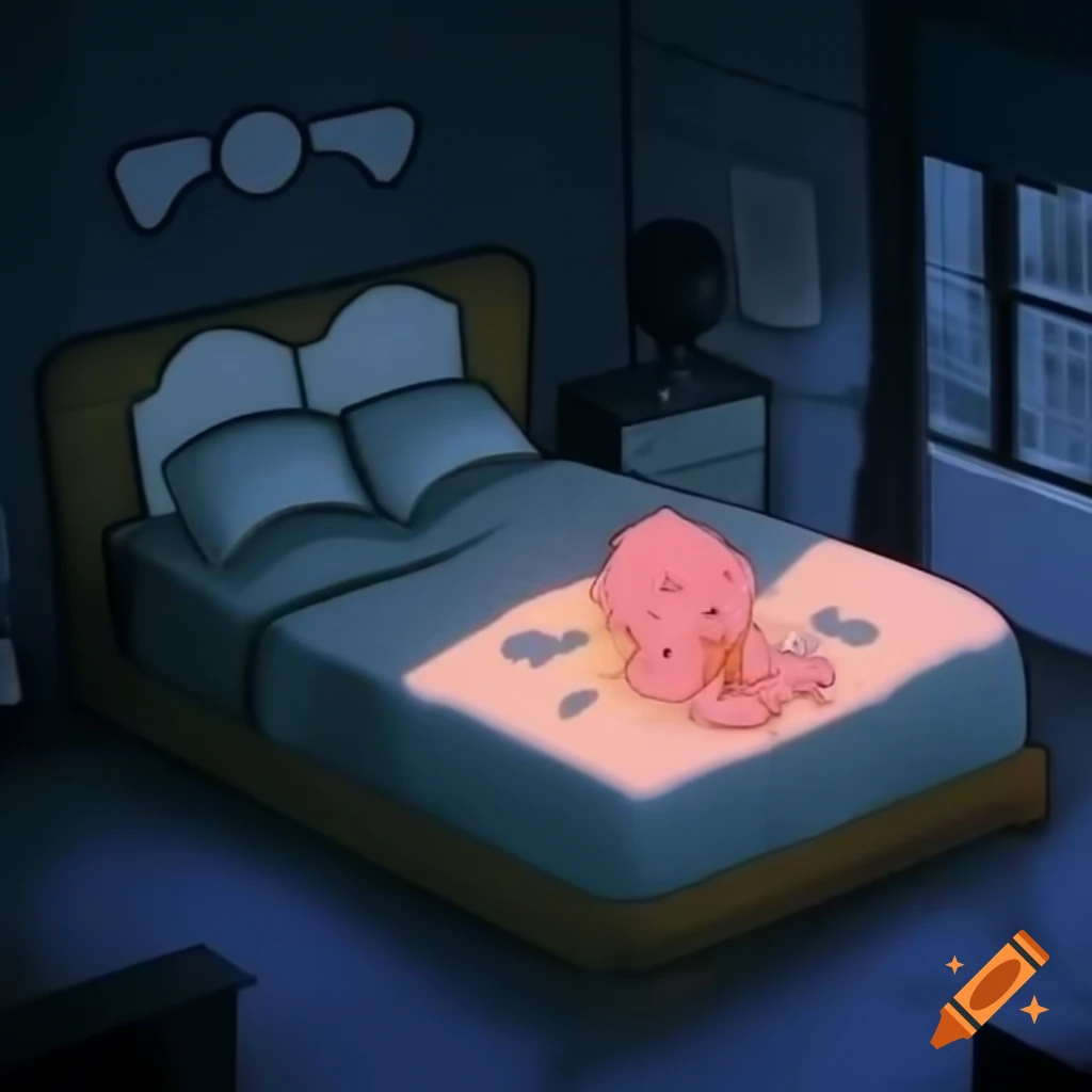 Pixel art bedroom scene at night