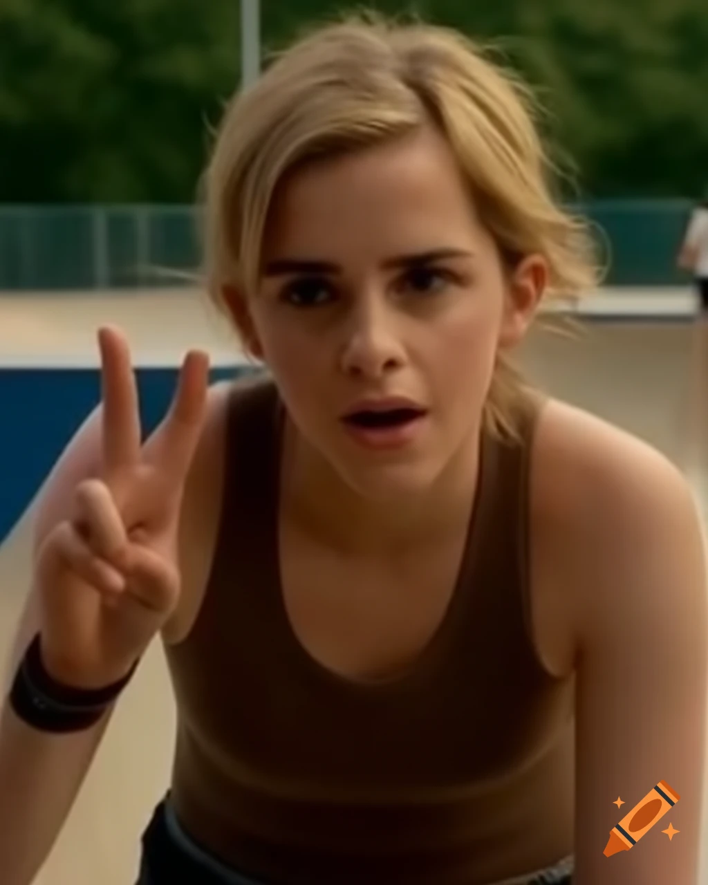 Blonde female skater performing peace sign in skate-park, hyper-realistic style