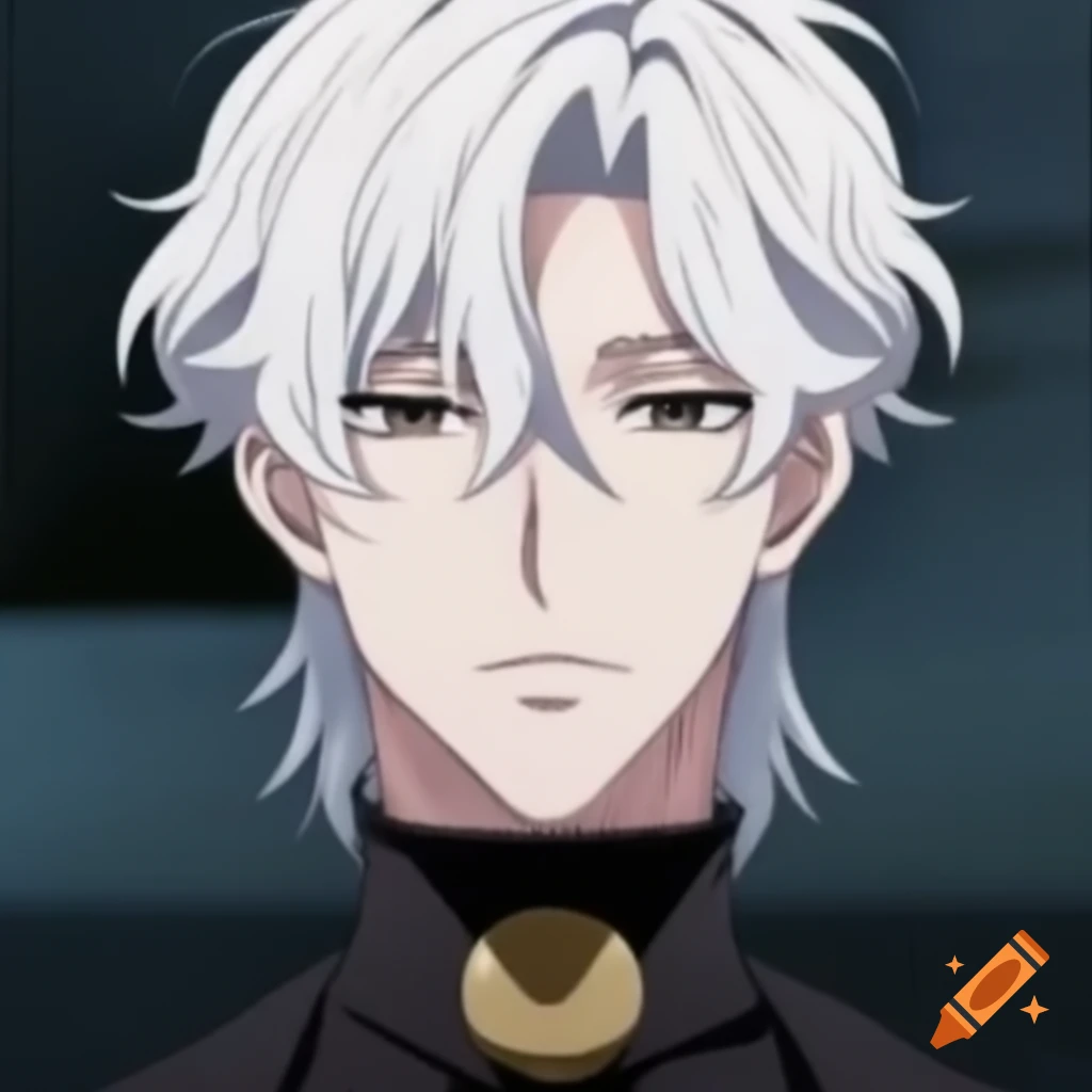 Male anime character with white hair and beard, black tie