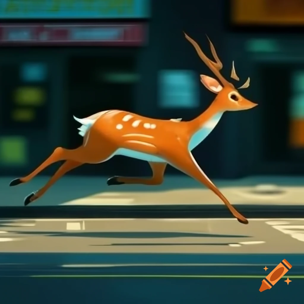 Forest deer running through urban city scene