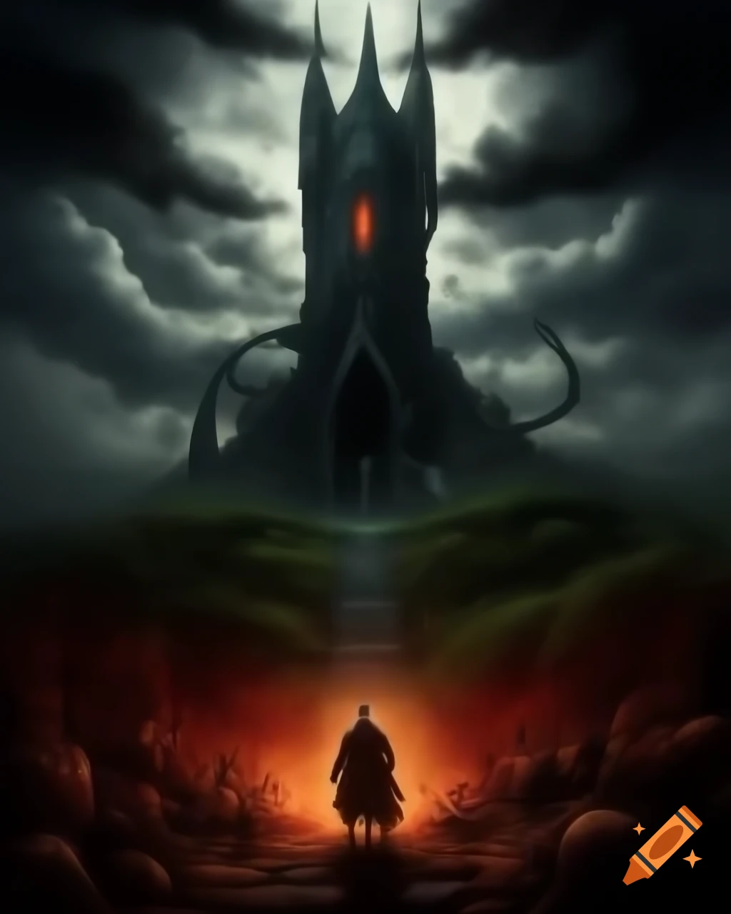 Gothic vampire tower with 1700s dressed vampire and nearby zombies