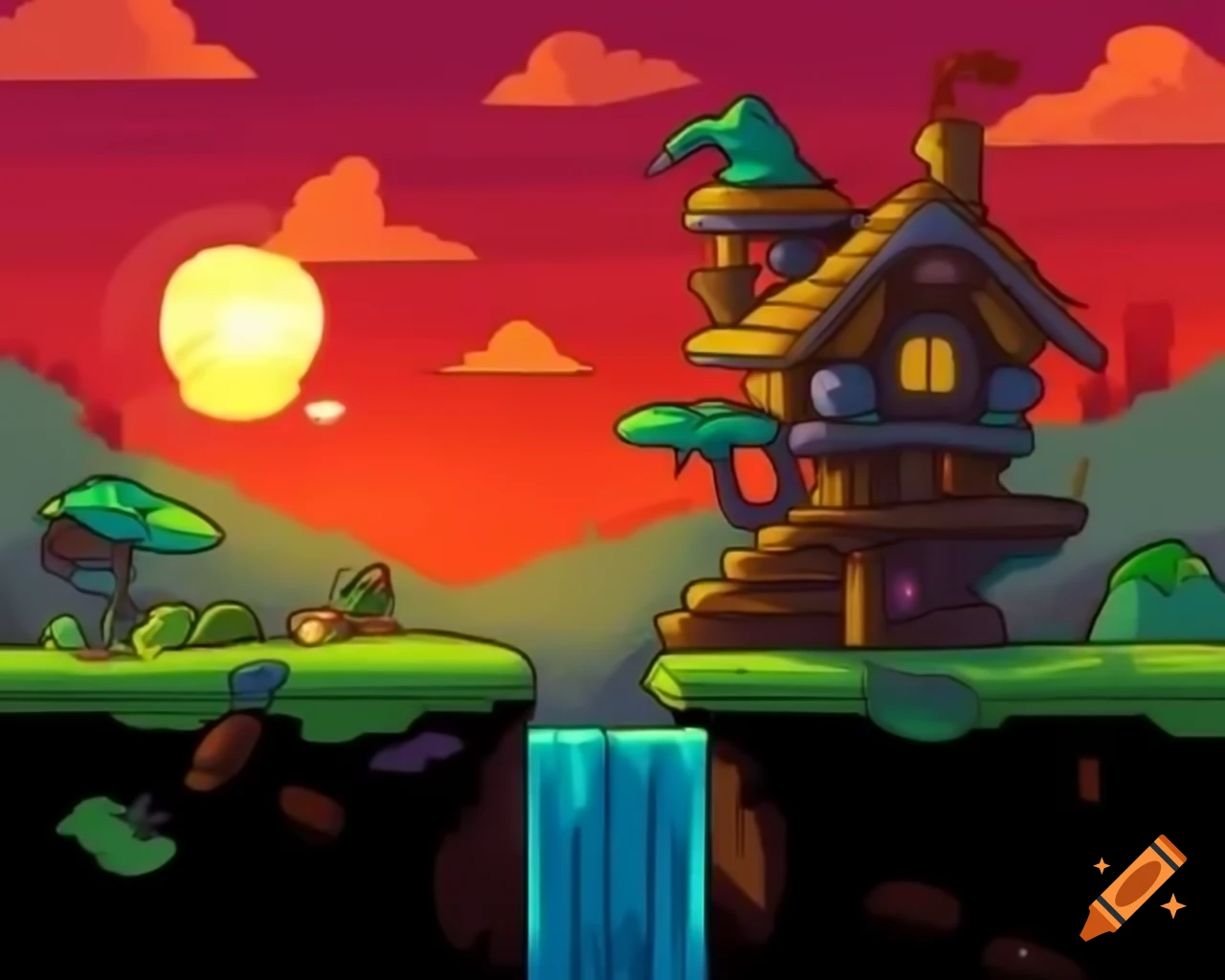 Scribblenauts-style waterfall with fairy house at sunset and frogs