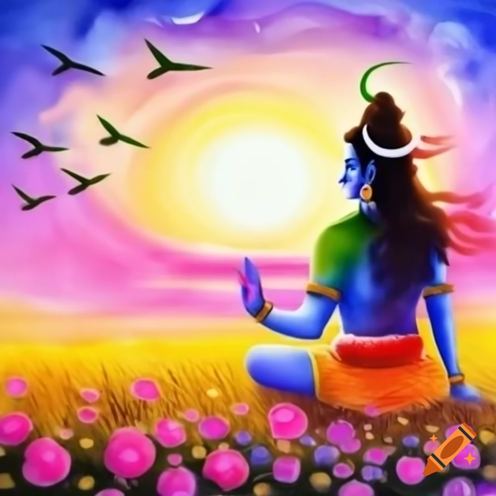 Watercolor painting of Shiva's silhouette with vivid landscape and colorful sky