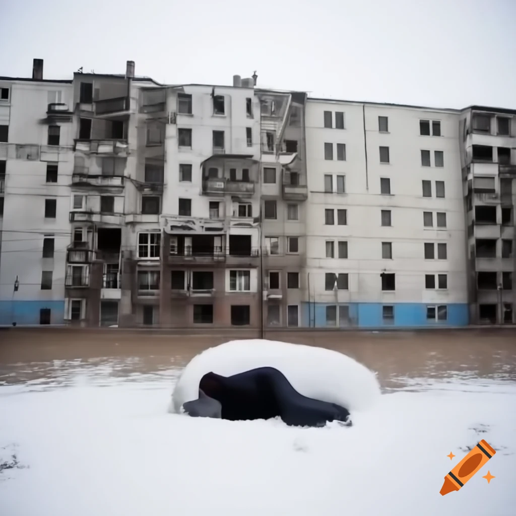 Abandoned Russian visotka buildings in snow with a person sleeping outdoors