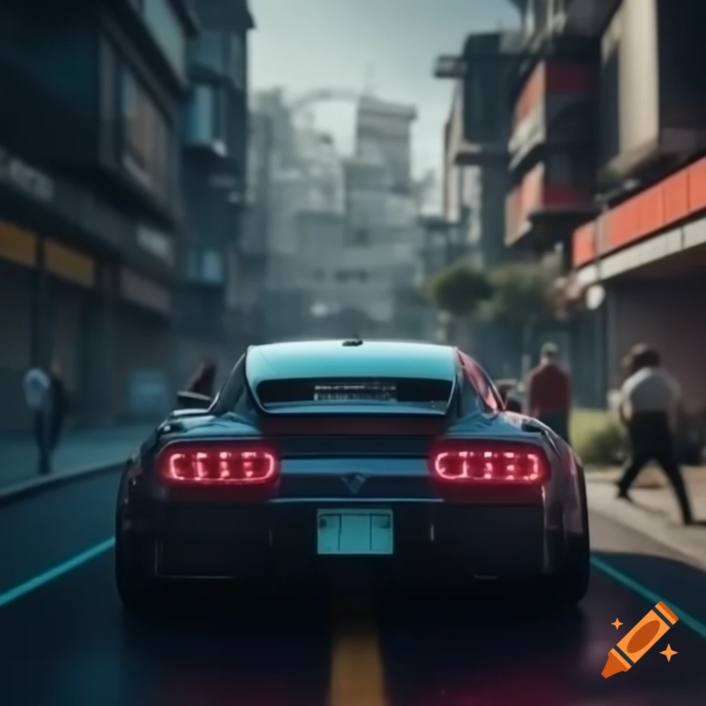Cyberpunk sportscar on graffiti-lined street with people playing basketball