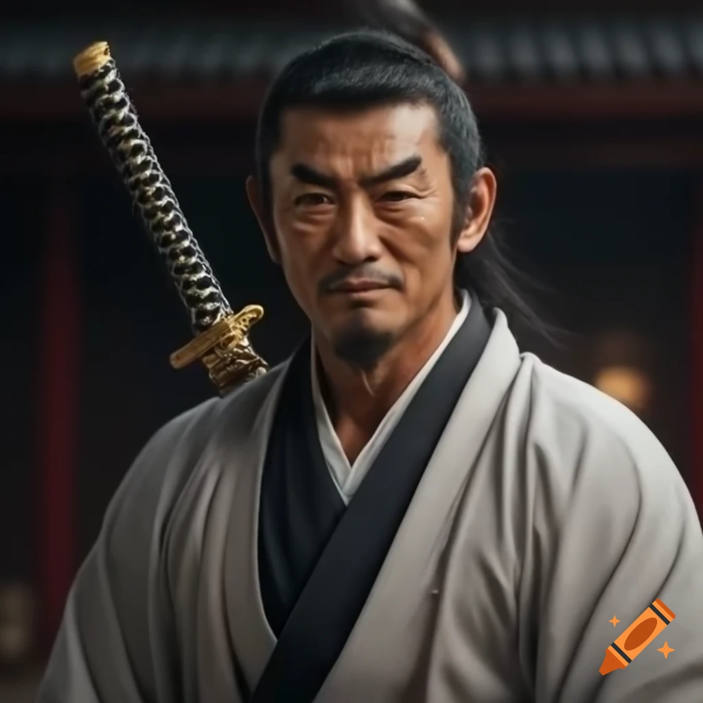 Samurai warrior in white kimono with gold katana and slight smile
