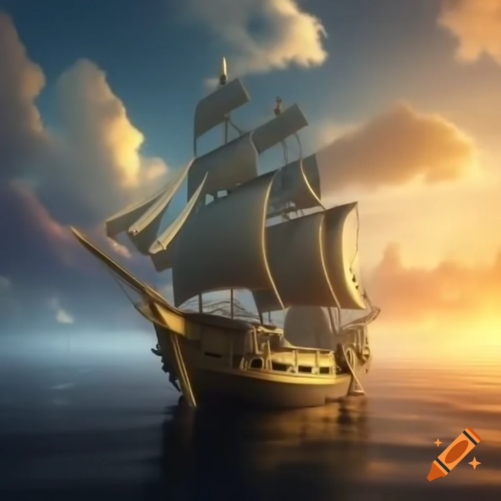 Elven sailing ship with golden sails against sunset sky