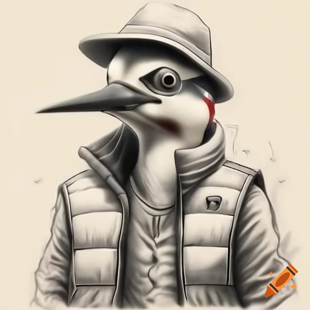 Cartoon woodpecker in puffer vest with gangster attitude