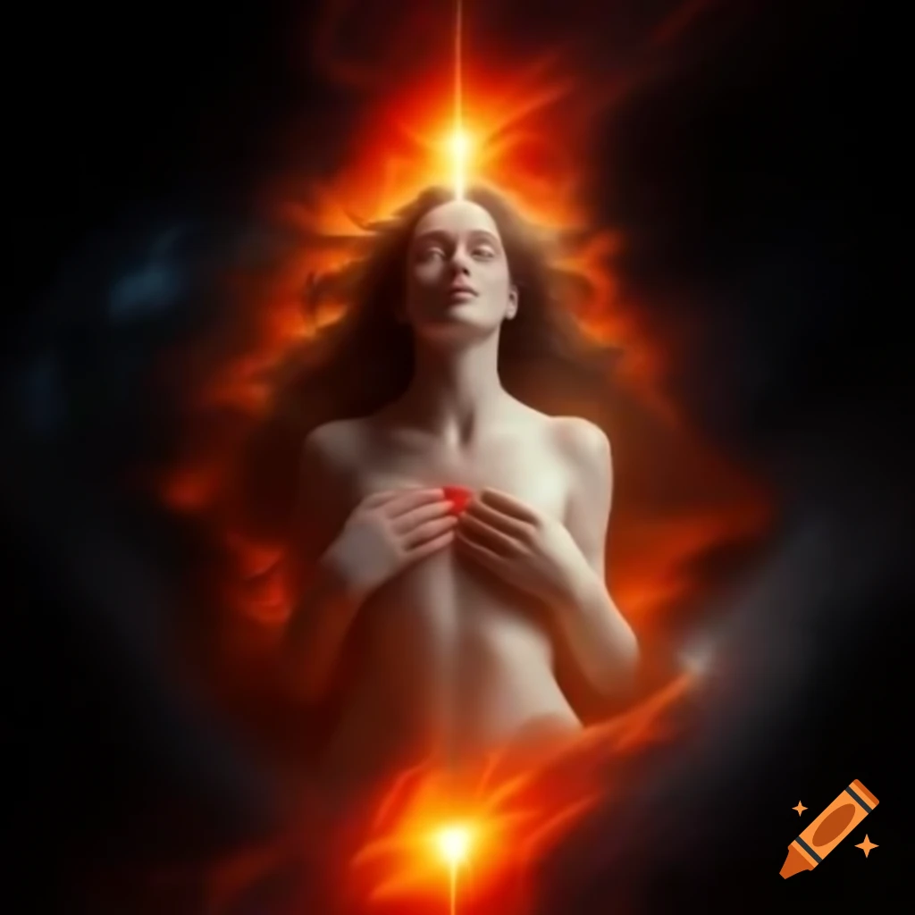 Mystical glowing female figure with radiant fiery heart in cosmic background