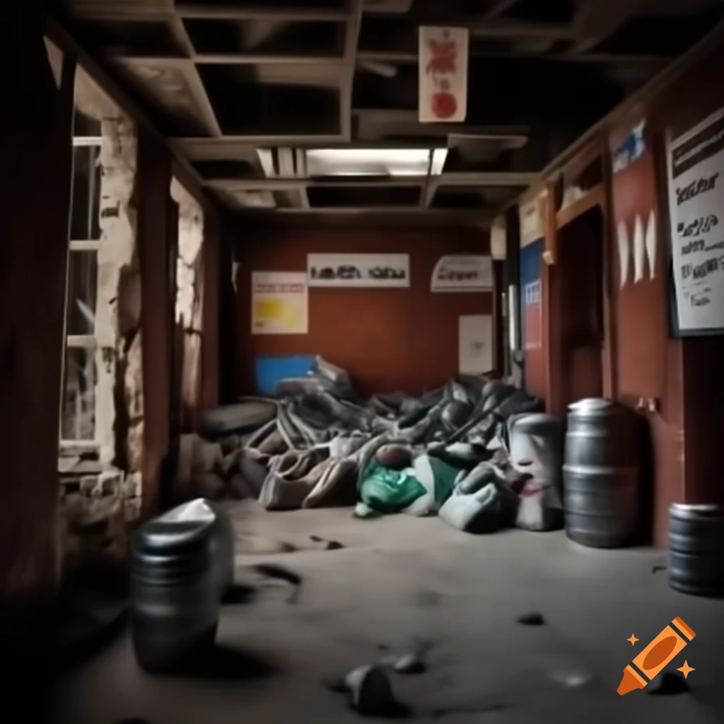 Ruined bar interior with dirty fabric, beer cans, and scattered posters