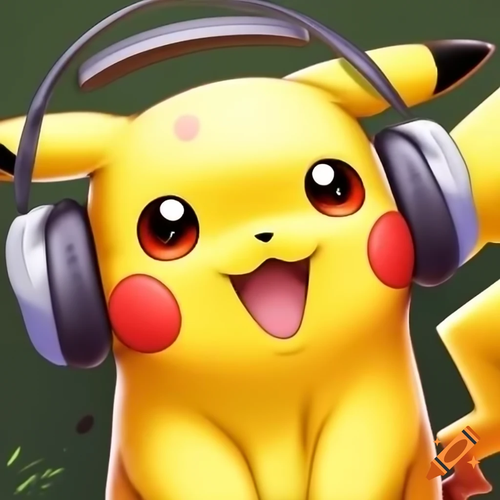 Pikachu with green stripes wearing headphones and holding a pretzel