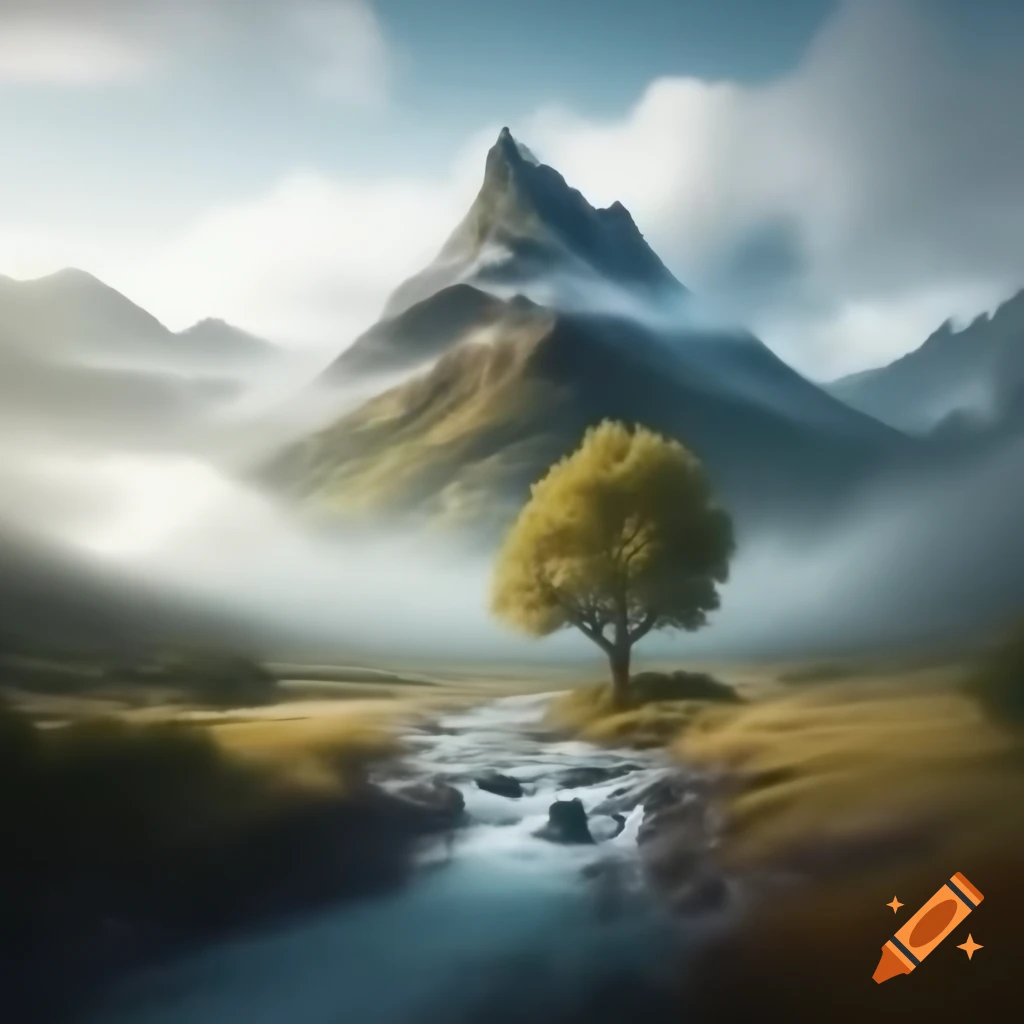 Scenic view of mountain, river, and tree in misty foreground
