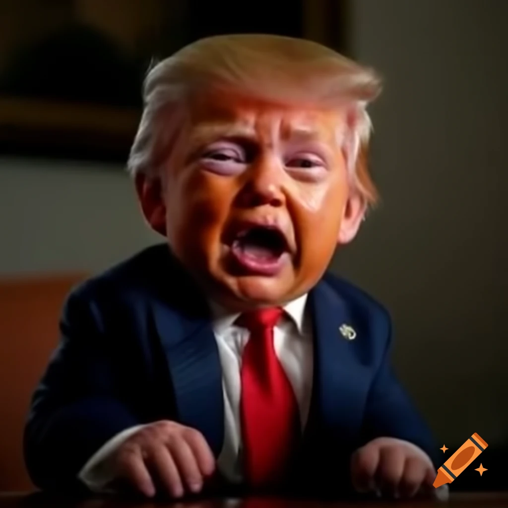 Political satire illustration of a crying orange baby