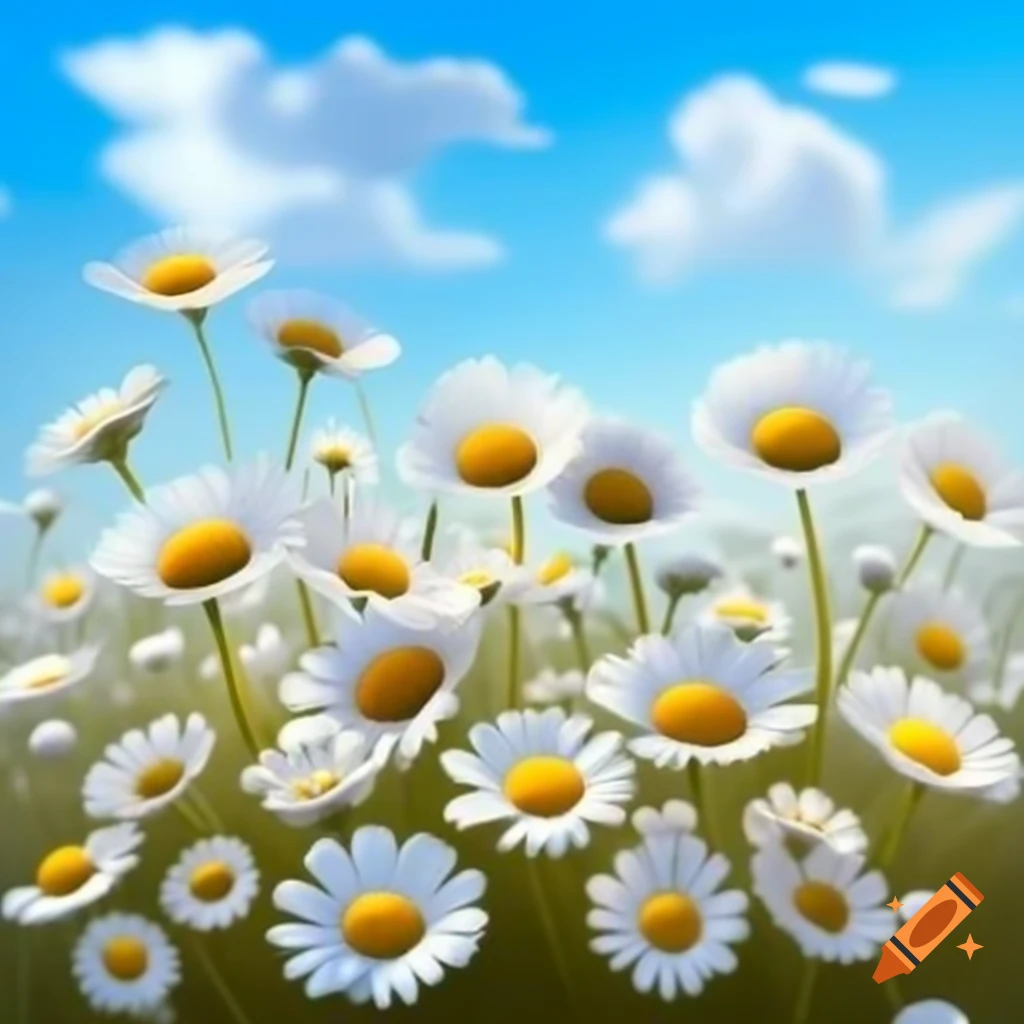 Field of daisy flowers of various heights under blue sky