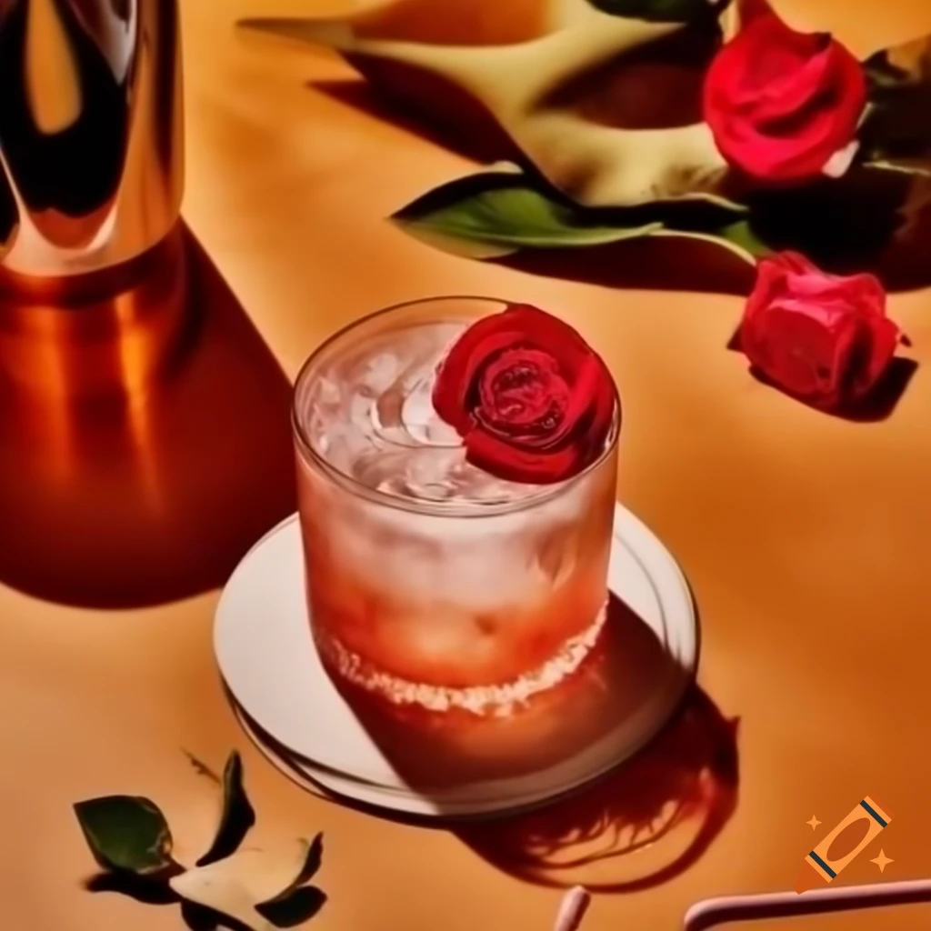 Craft cocktail surrounded by rambling rose flowers