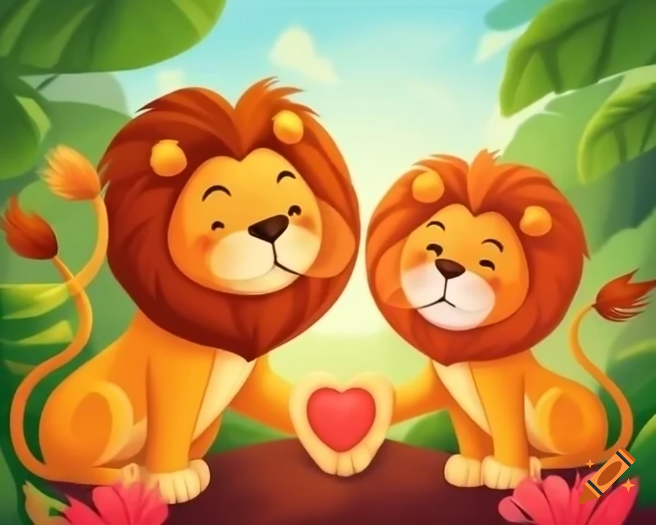 Joyful lion laughing with animals in vibrant jungle scene