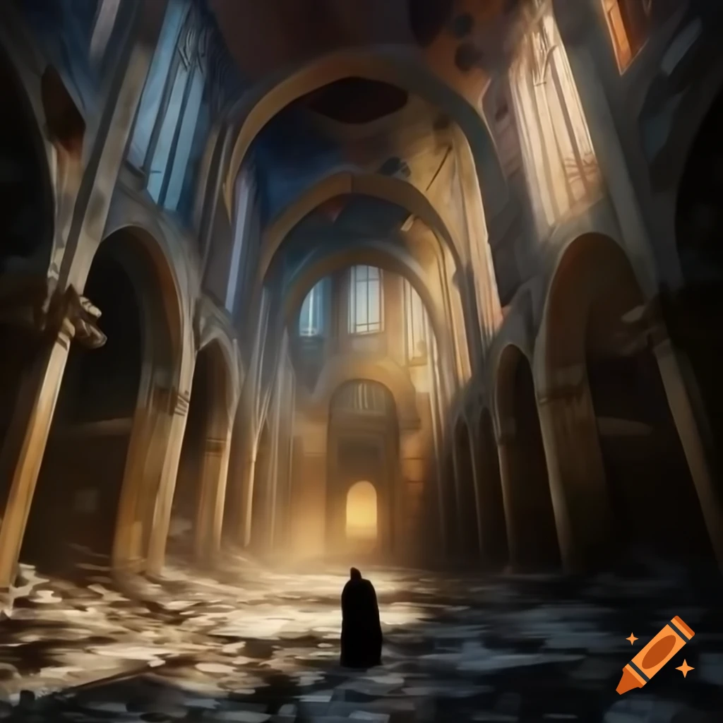 Decaying cathedral in post-apocalyptic city with Byzantine mosaics