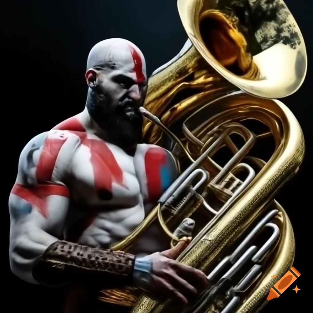 Kratos character playing tuba, whimsical interpretation