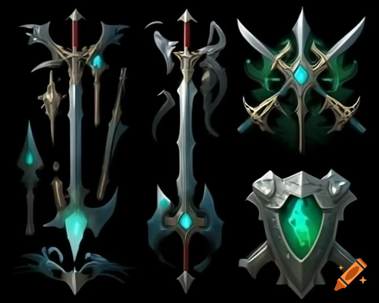 Set of fantasy medieval weapons including sword, staff, shield, and bow