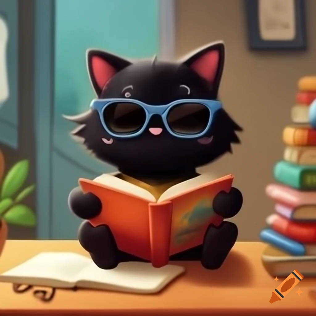 Cartoon of a little black cat with sunglasses reading a book