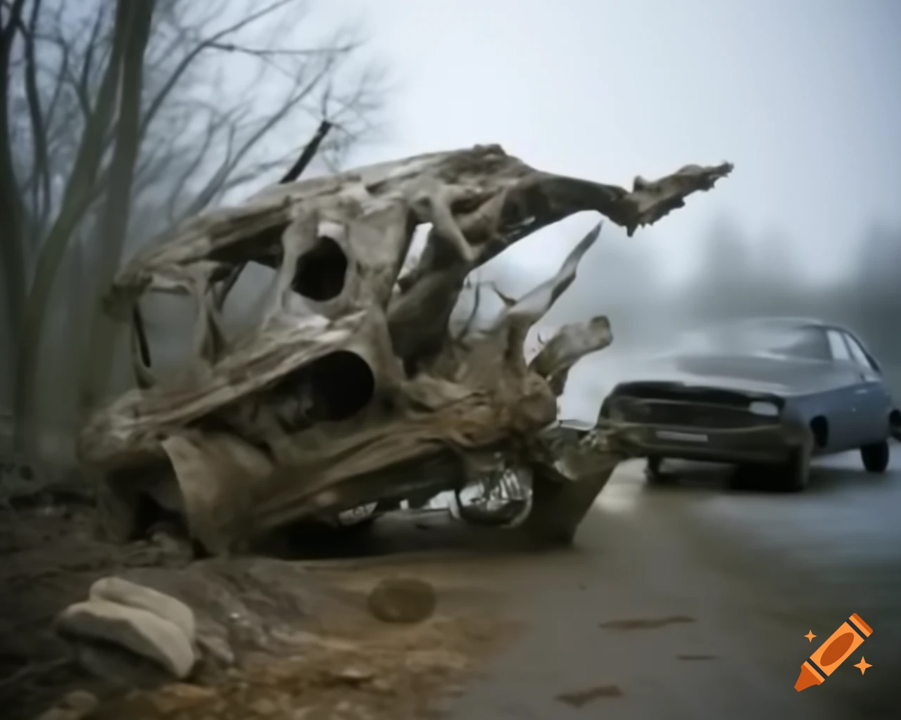 Crashed car in tree with Chernobyl background, Stalker video game theme
