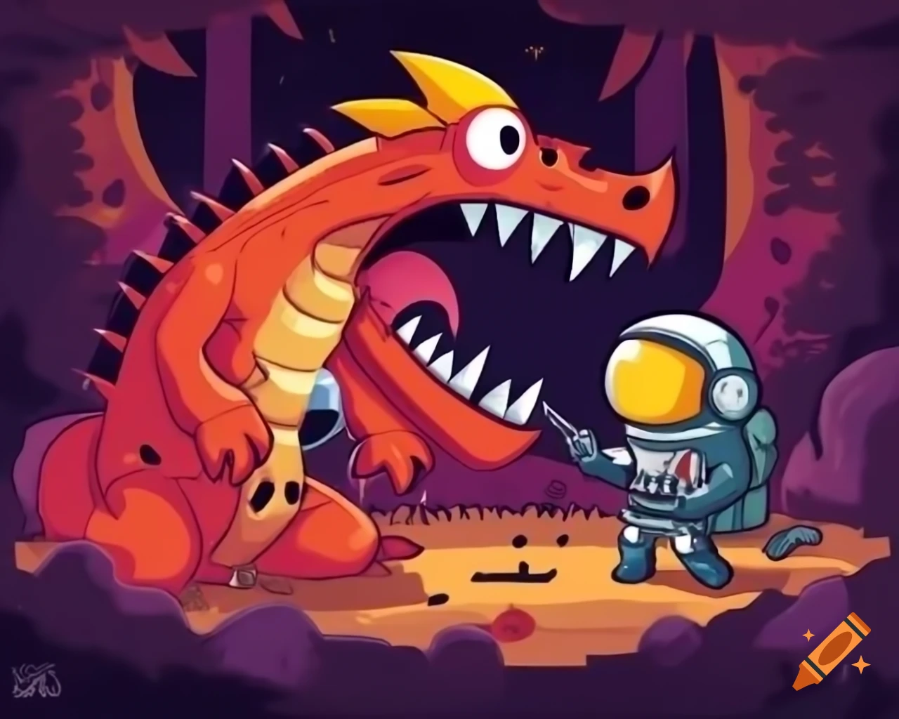 Astronaut battling a dragon in Scribblenauts Unlimited style