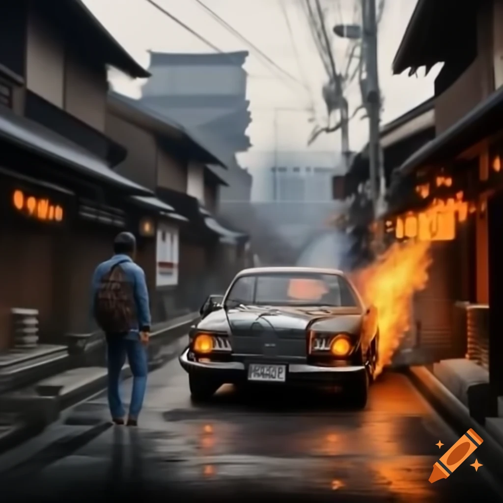 Burning Mercedes Benz in Japanese street with walking man