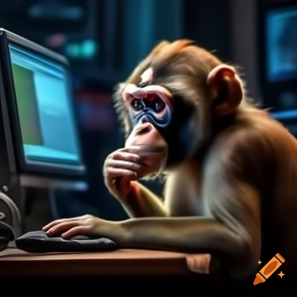 Monkey contemplating in front of a computer