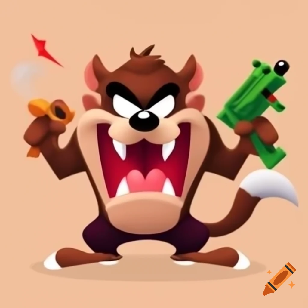 Cartoon Taz the Tasmanian Devil holding an Uzi
