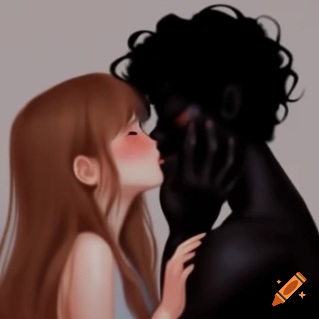 Couple sharing a kiss with contrasting hairstyles