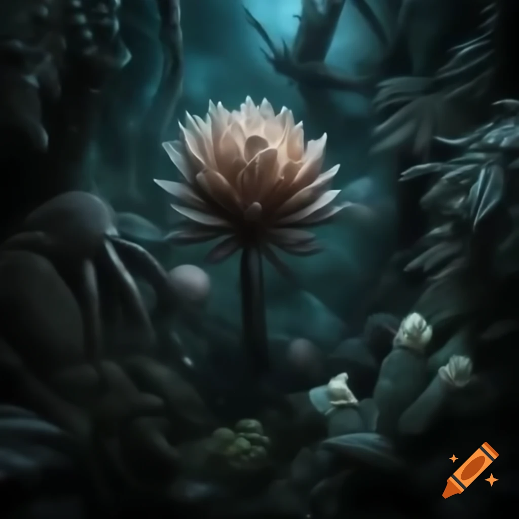 Hyper-realistic dark jungle with stars and galaxies featuring flower of life symbol