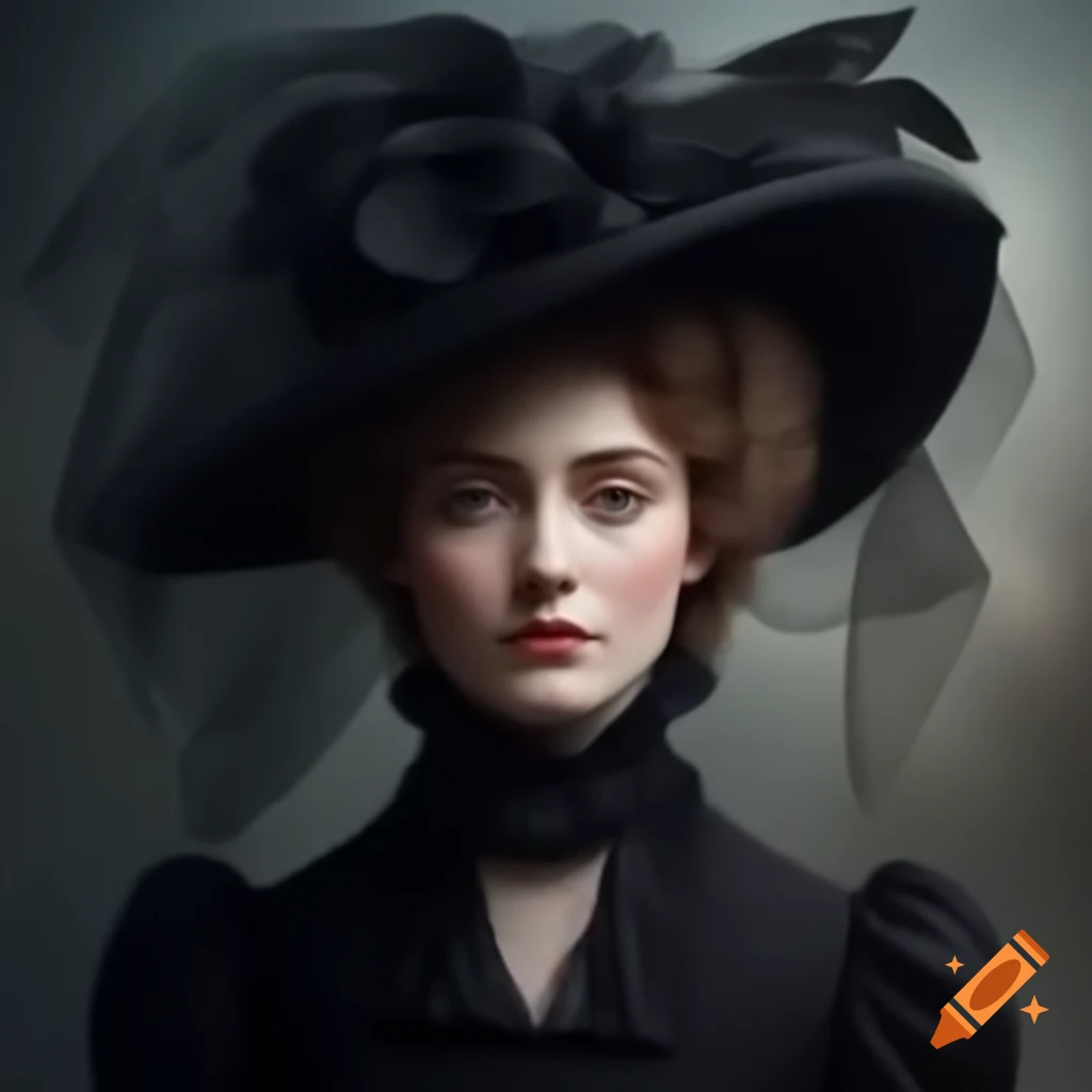 Victorian woman with hat and black veil covering her face