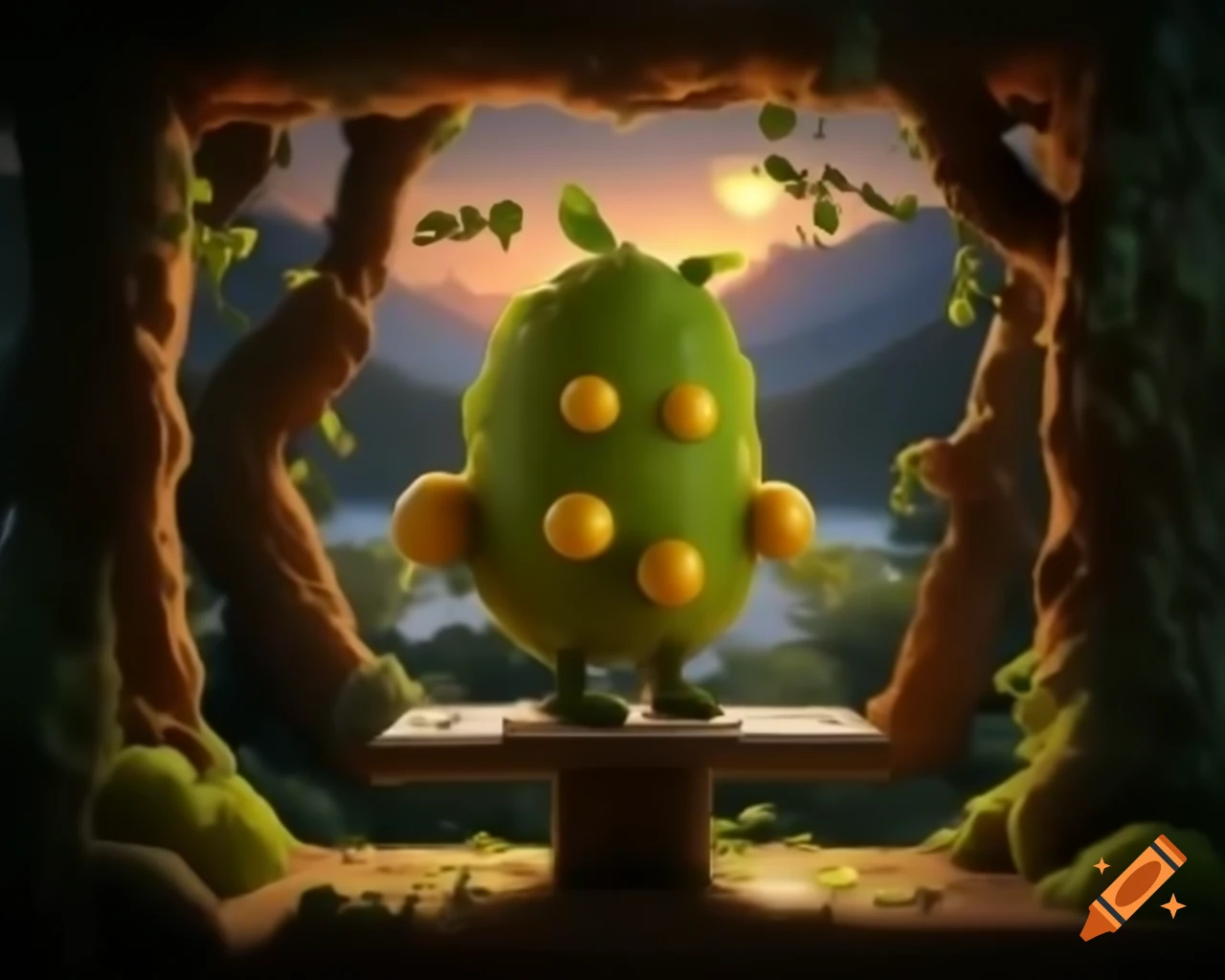 Surreal lemon tree monster in photorealistic style with warm hues