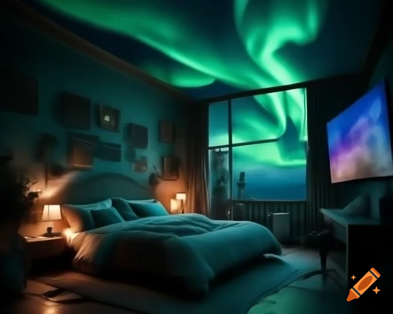 Bedroom designed with northern lights theme