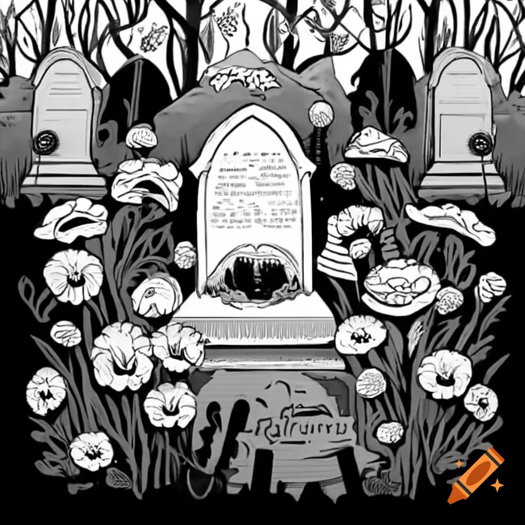 Flowers in a cemetery with a horror theme