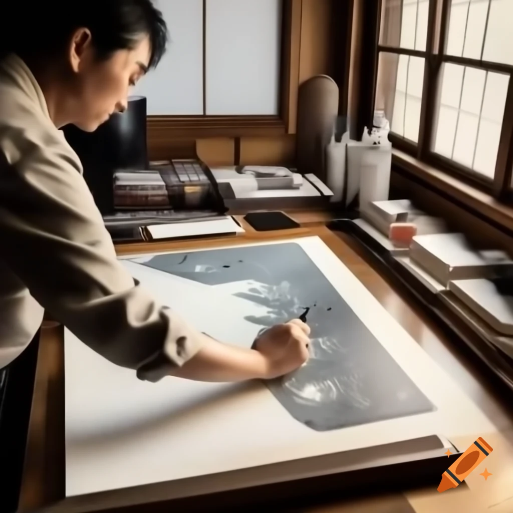 Ukiyo-e woodblock print of artist-magician painting in sunlit studio