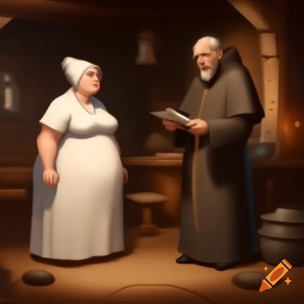 Comic scene of priest conversing with wealthy woman in front of farmhouse
