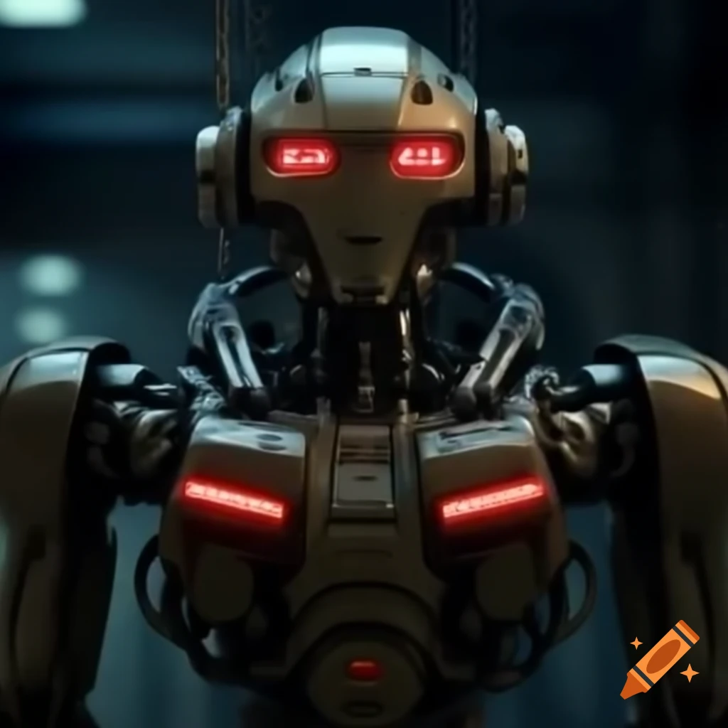 Robotic figure with red eyes and jet pack