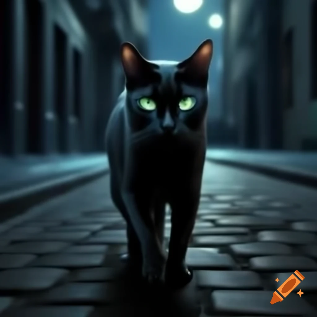 Sleek black cat with glowing green eyes walking on cobblestone street under moonlight