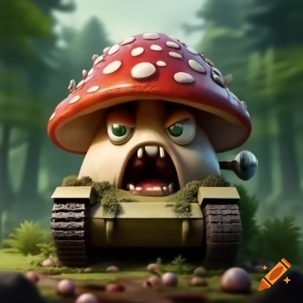 Giant mushroom fused to an angry tank in high definition