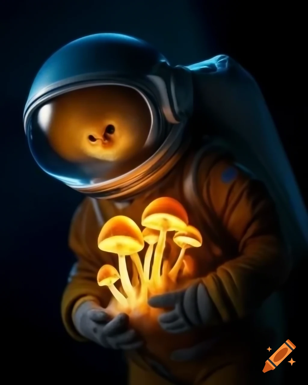 Astronaut discovering glowing mushrooms in outer space