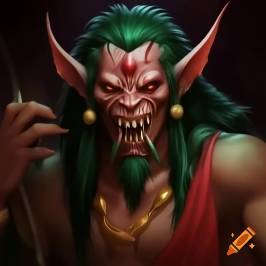 Demon with dog-like face and kingly attire, featuring green hair and sharp fangs