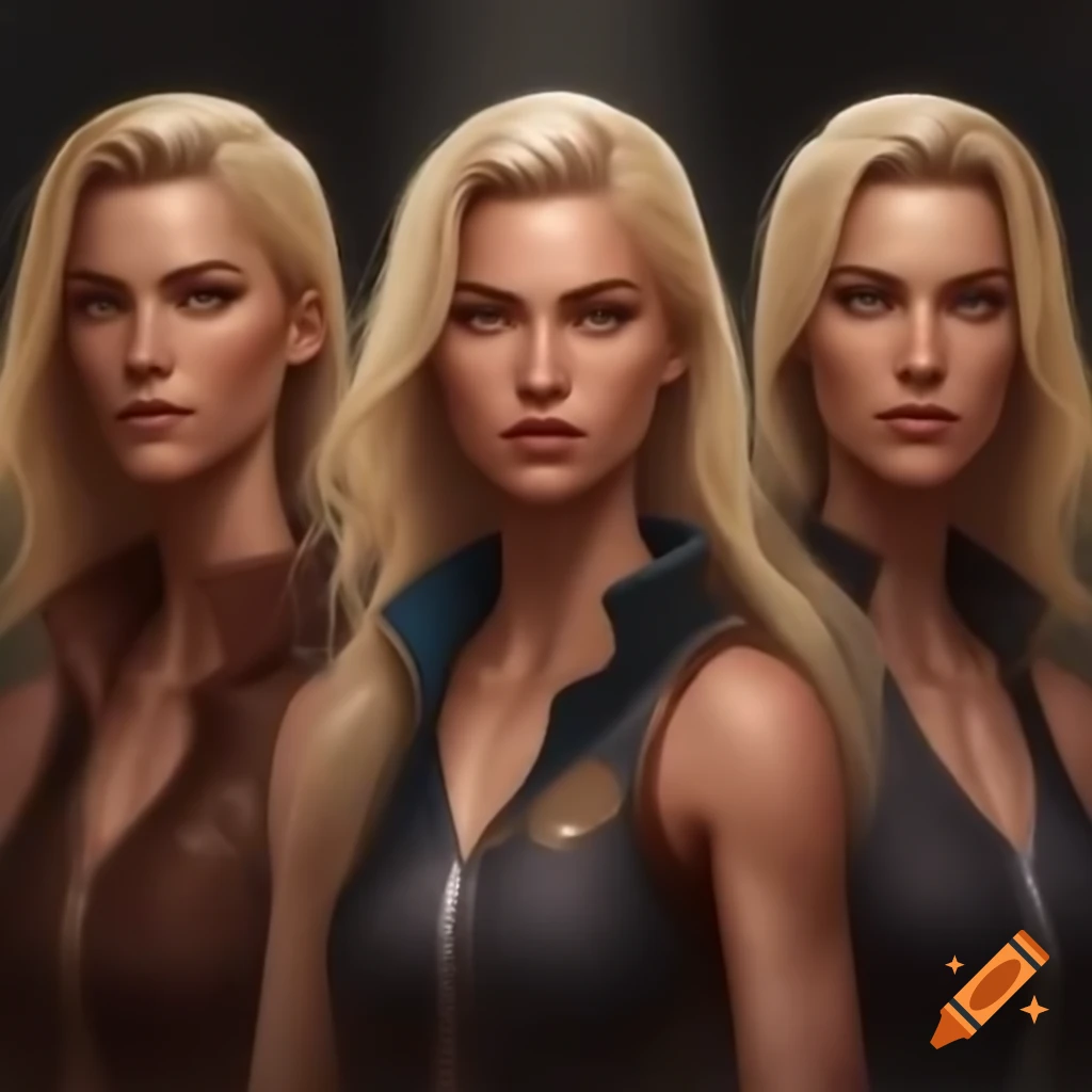Three blonde female warriors in dynamic poses