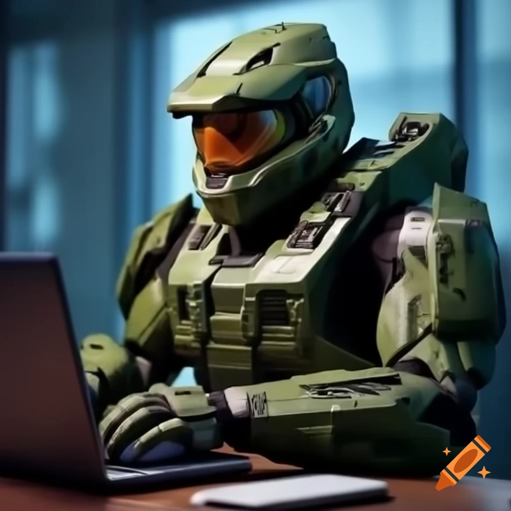 Master Chief using a laptop for programming