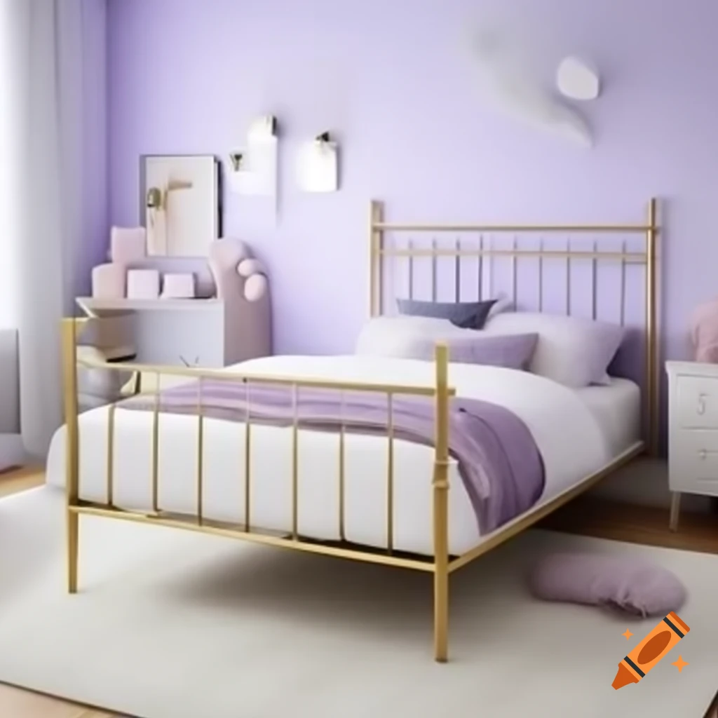 Lilac colored kids bedroom with gold bed frame and decor