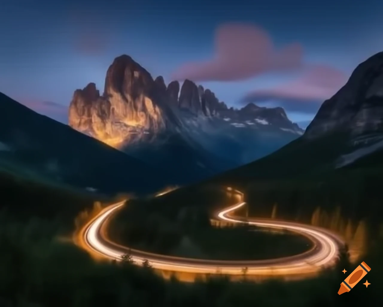 Winding road through mountains under a starry night with trees
